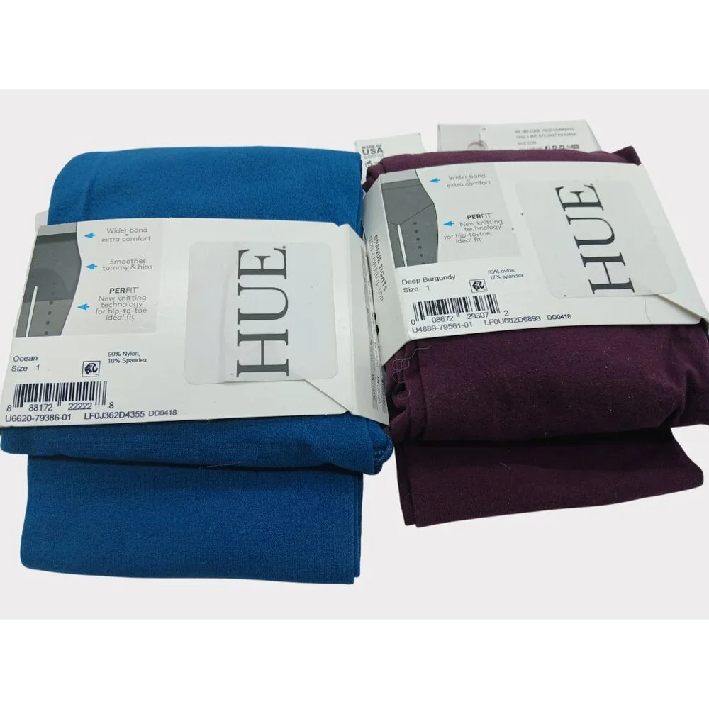 Hue Opaque Tights Perfit Lot 2 Size 1 XS S Blue Burgundy Opaque Wide Band USA - Picture 6 of 8